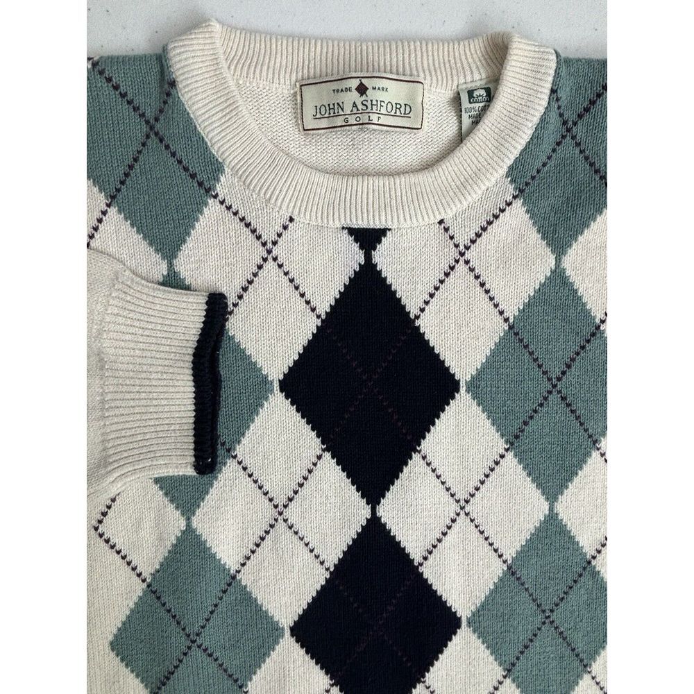 John Ashford Golf Men's Large Cream Green Blue Argyle Long Sleeve Knit Sweater